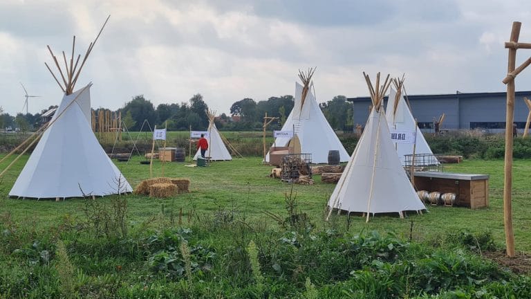 Verschillende afmetingen tipi's op groen grasveld voor een bedrijfsfeest.